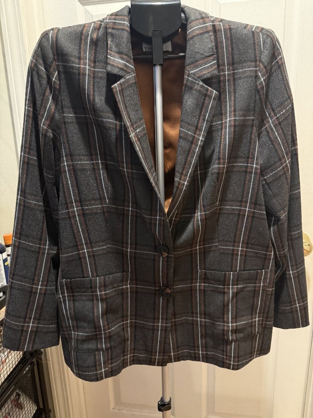 DR2 Gray & Brown Plaid One-Button Blazer Size L